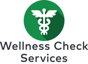Wellness Check Services logo with black type and icon of a green circle and white caduceus